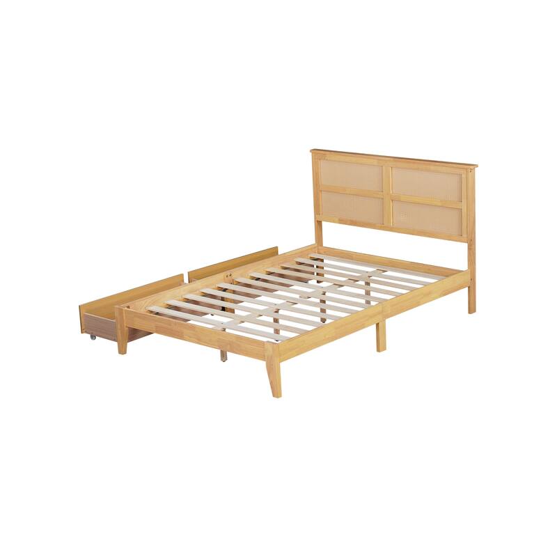 Platform Bed with Rattan Headboard, Wood Slats Support and Enhanced Support Legs - Optional Storage Bed with 2 Drawers