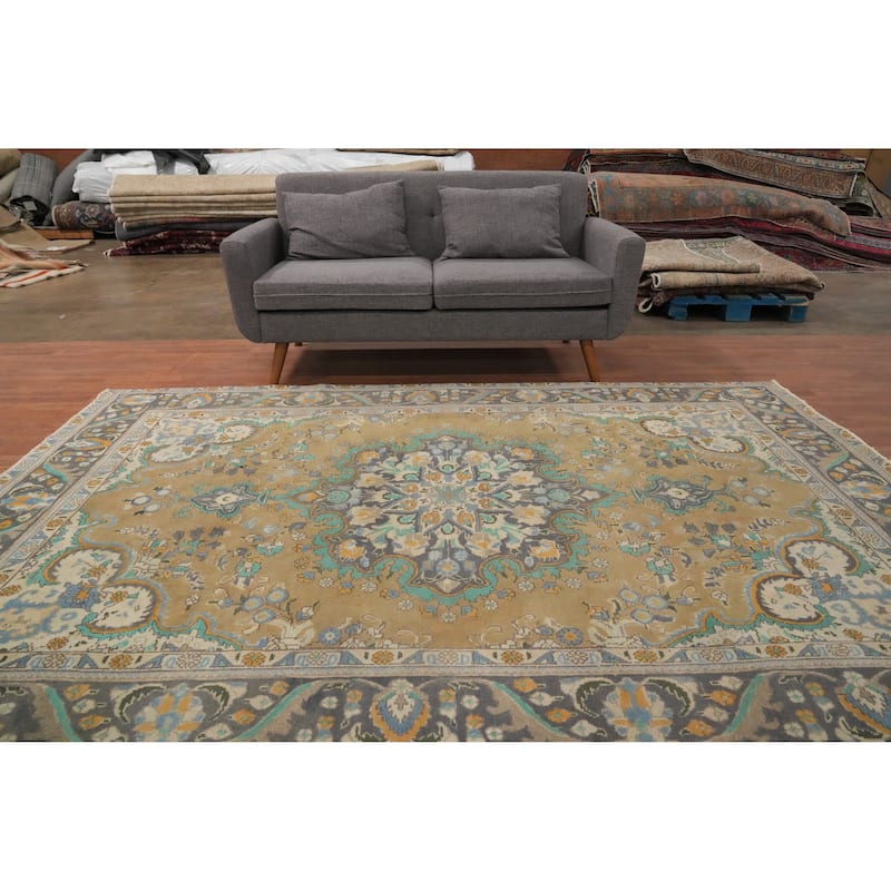 Hand Knotted Oriental 100% Wool Carpet Traditional Floral Brown Tabriz Area Rug - 9' 3'' X 6' 5''