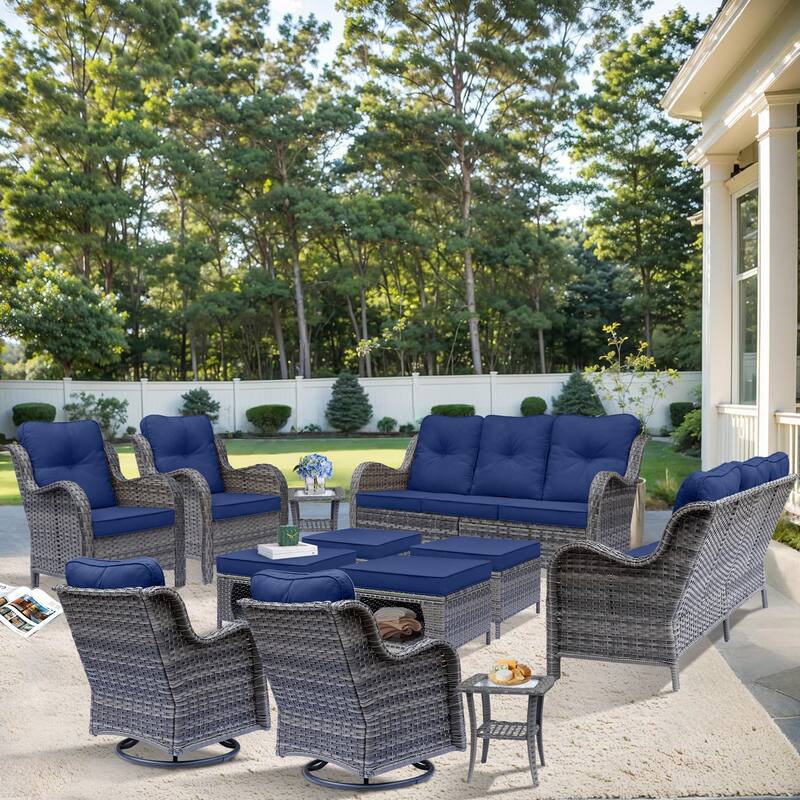 12 Piece Outdoor Wicker Patio Conversation Swivel Chairs Furniture Set - Navy Blue-Gray Rattan