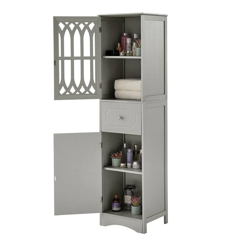 GDFStudio - Isla Slim Tall Bathroom Cabinet with Drawer, Doors, and Adjustable Shelves for Space-Saving Storage