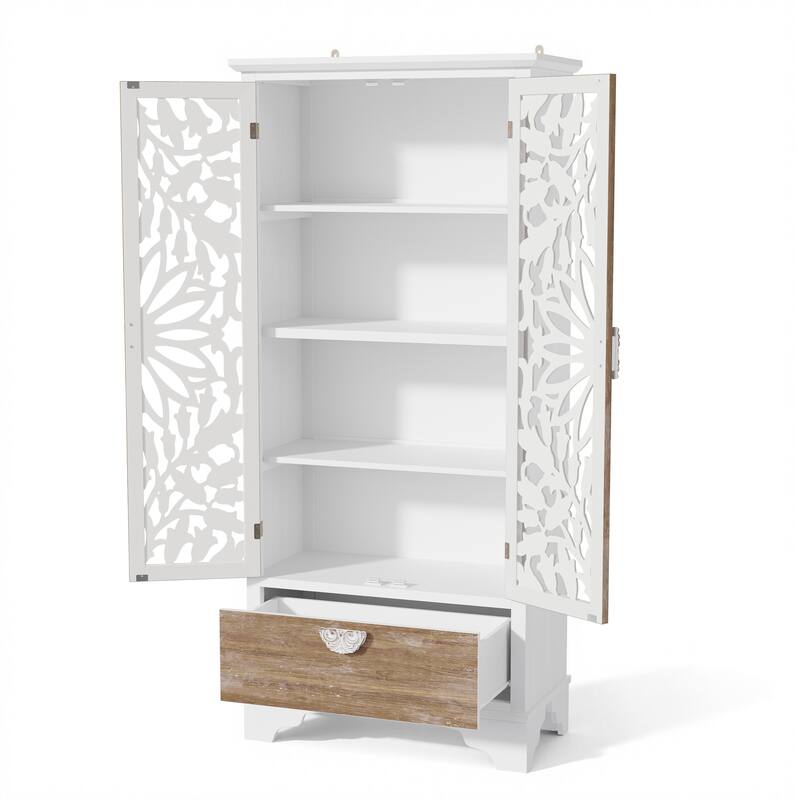 Solid Wood Tall Storage Cabinet, 31.5" Farmhouse Distressed White Carved Armoire with Shelves and Drawer - 31.5"x68.9"
