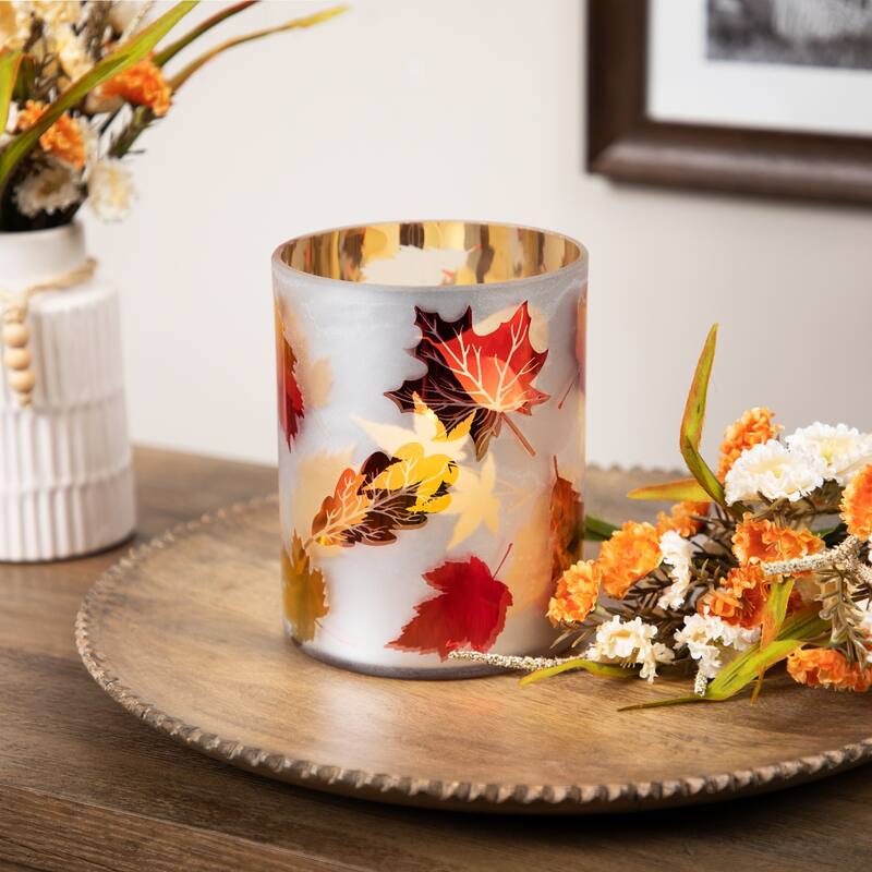 Autumn Leaves Glass Votive Candle Holder - 6"