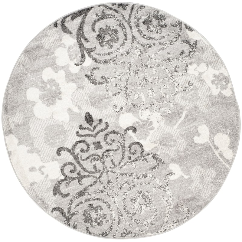 SAFAVIEH, Adirondack Rena Damask Floral Distressed Rug - 11' Round - Silver/Ivory