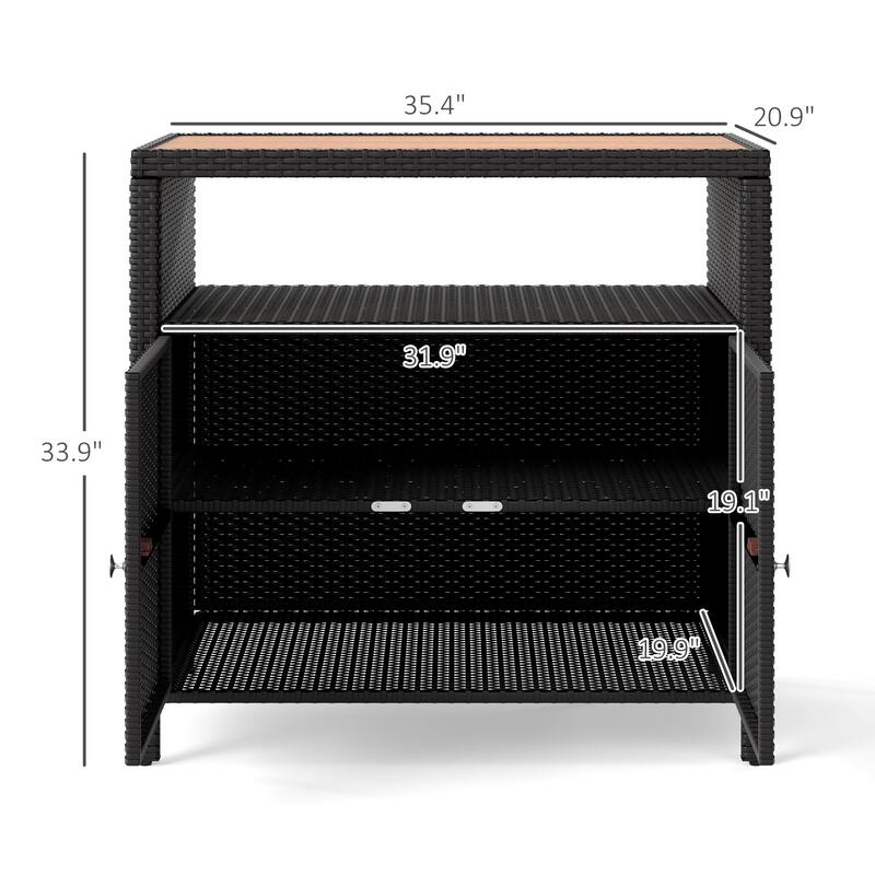 Brown-Teak PE Rattan Outdoor Storage Cabinet with Acacia Wood Top and Shelf - 35.4" W x 20.9" D x 33.9" H
