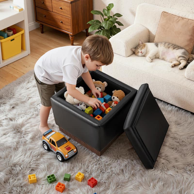 Swivel Storage Ottoman Bench Footstool with Flip-top and Acacia Frame