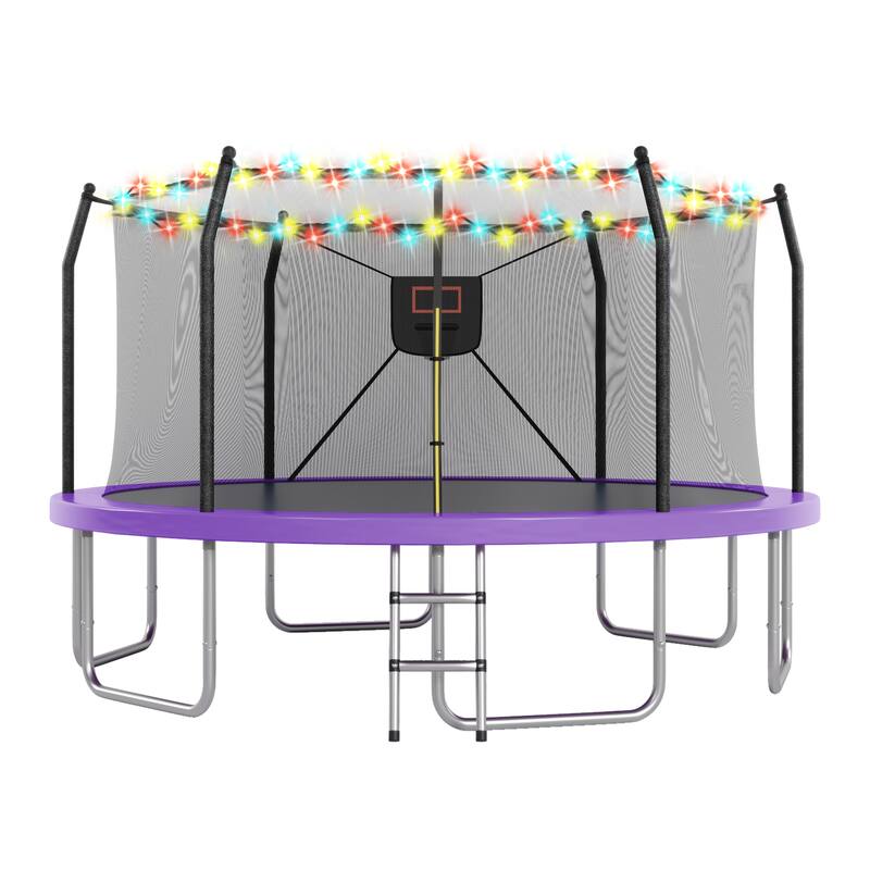 16FT Trampoline with Lights and Basketball Hoop, Outdoor Recreational 16" Trampoine for Kids and Adults