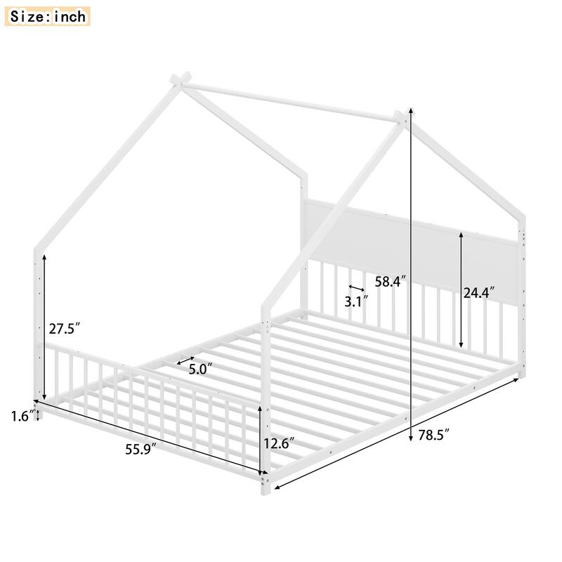House Bed Frame with Roof & Colorful LED Lights, Metal Kids Floor Bed with Slats, Boys Girls Teens Canopy Bed, No Box Spring