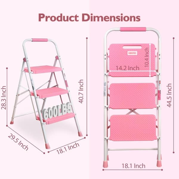 Sturdy Pink Folding Step Stool With Tool Tray – 400 Lbs Capacity, 4 Steps, Anti-Slip