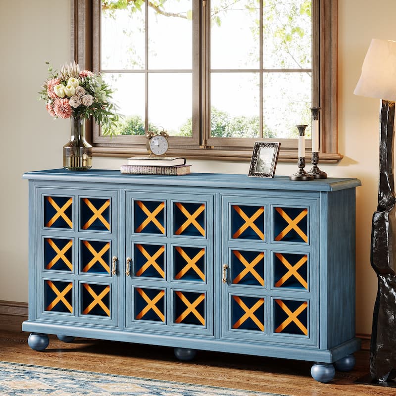Blue Sideboard Buffet Cabinet with Storage and Doors for Living Room