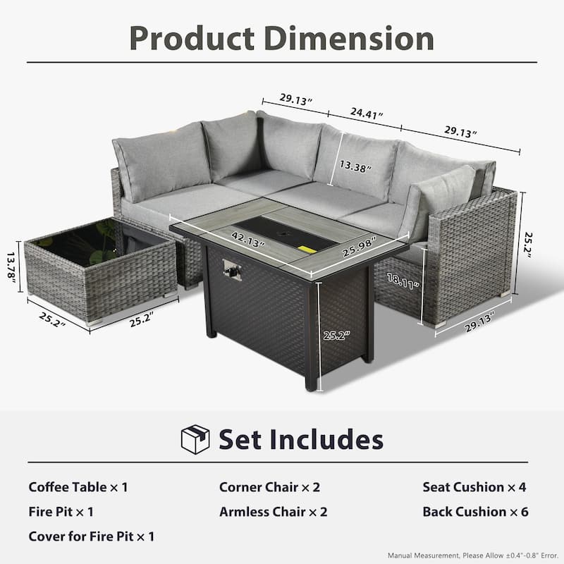 HOOOWOOO 6-piece Patio Rattan Sectional Set with Fire Pit Table