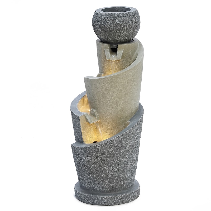 Gray Resin Cascading Spiral Outdoor Fountain with LED Lights