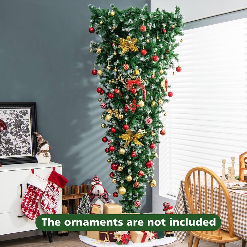 Gymax 7.5FT Pre-Lit Snowy Inverted Christmas Tree Artificial Tree w/