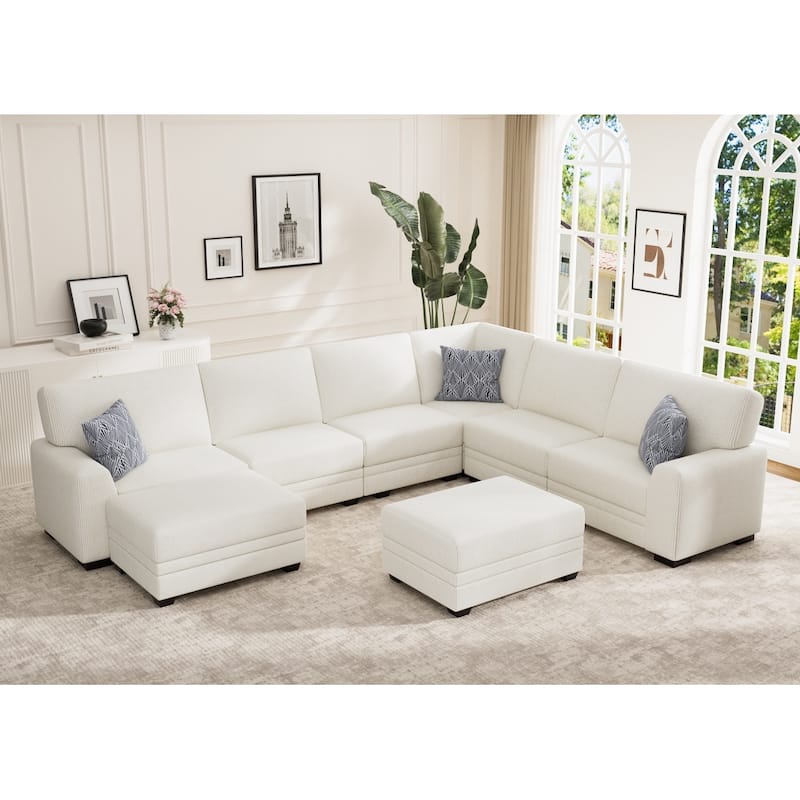 8 Piece Modular Corduroy Sectional With Ottoman - Cream