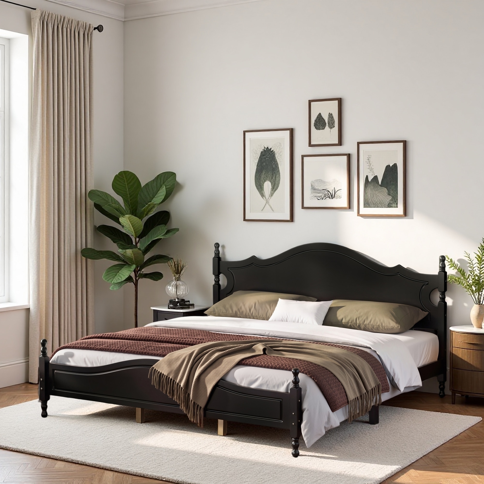 Wood Platform Bed with Retro Style and No Box Spring Needed