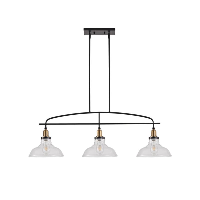 Industrial 3-Light Pendant Chandelier with Clear Glass Shades, Black Metal Frame, Adjustable Height