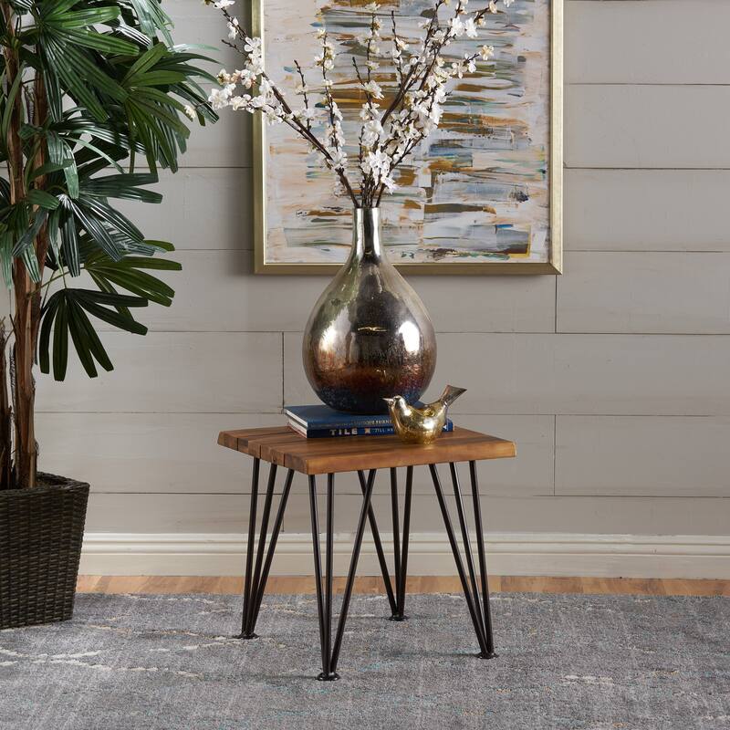Roomfitters Wooden Outdoor Side Table with Hairpin Metal Legs, Square Patio End Table for Porch or Garden, Teak