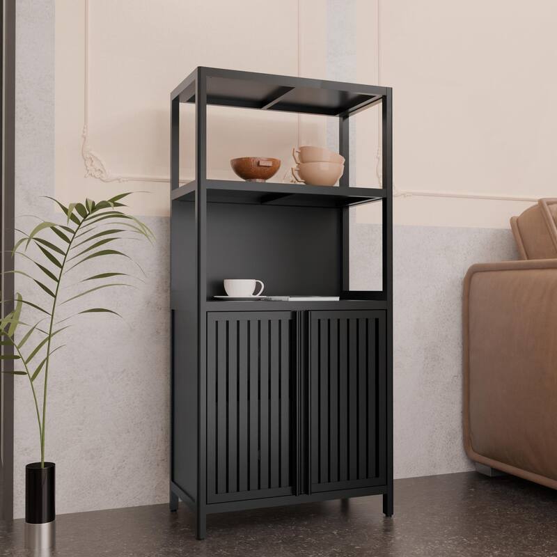 Versatile Bamboo Storage Solution: 2-Door Floor Cabinet for Bathroom, Kitchen & Entryway‌ - Black
