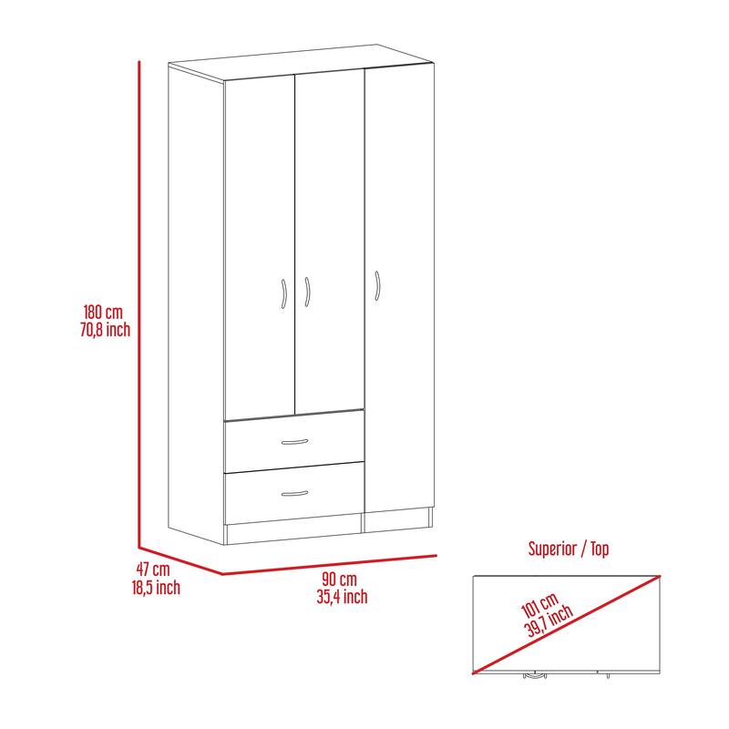 35.4" Modern Three-door Armoire with Two Drawers, Shelves and Hanging Rod