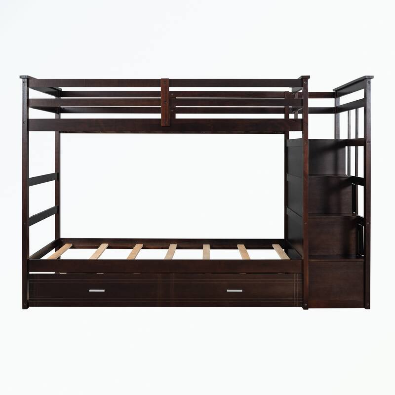 Hardwood Twin Over Twin Bunk Bed with Trundle and Staircase