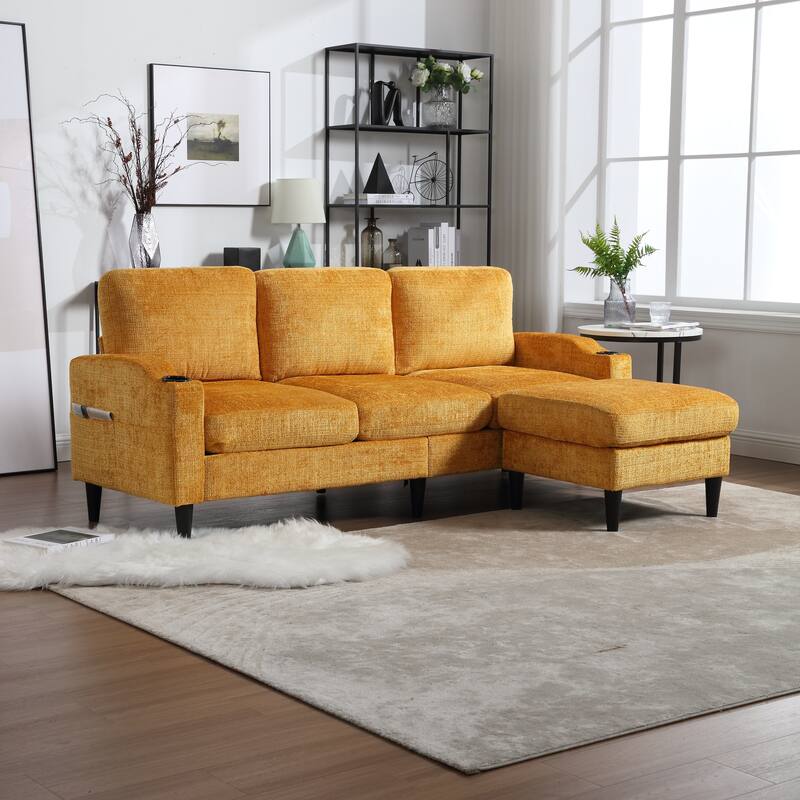 Modular Sectional Sofa with Storage Ottoman, Comfy Chenille Fabric Sofa, 3-Seater Sofa with Side Pockets & 2 Cup Holders