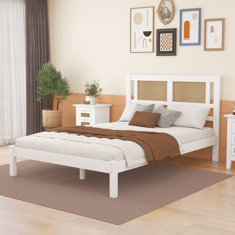 Platform bed with natural rattan headboard