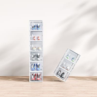 12 Piece White Plastic Mesh Shoe Box Set Modular Stackable Storage Organizer for Home and Closet - N/A