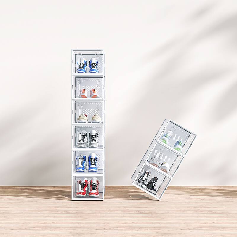 18-Pack Stackable Plastic White Modular Shoe Storage Boxes for Closet or Bedroom - 35 x 25 x 19 cm