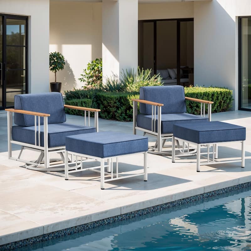 Puffin 4-Piece Metal Frame Outdoor Swivel Gliding Chairs with 6-Inch Cushions and Ottomans