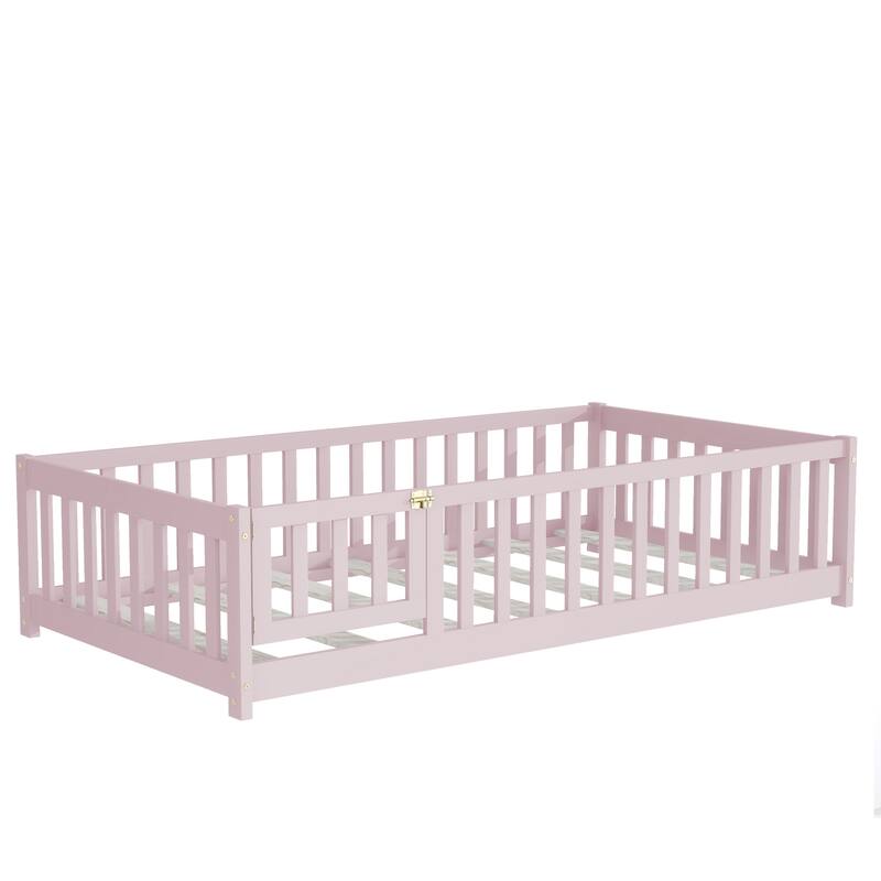 Twin Size Floor Bed with Fence and Door,Rubber Wood Floor Bed with Safety Guardrails