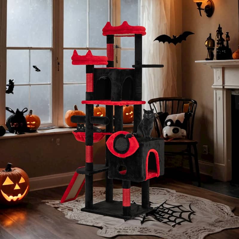 Black and Red Gothic Cat Tree Tower with Condos Perches Hammock and Scratching Posts Multi Level Cat