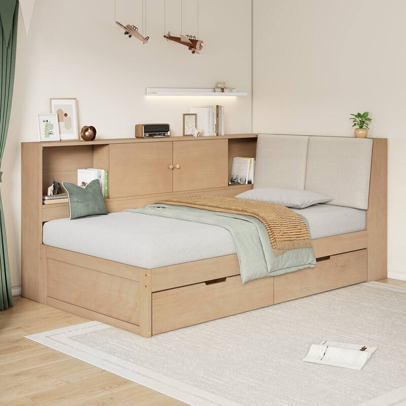 L-shaped Daybed Corner Bed with Storage Bookcase and USB Charging Ports