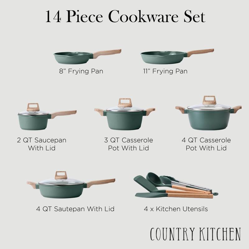 Country Kitchen 14 Piece Kitchen Cookware Set, Nonstick Cast Aluminum with Utensils, Sage