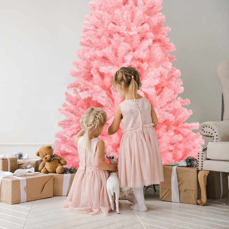 Gymax 6ft Pink Artificial Christmas Tree Hinged Spruce Full Tree w/ - See Details