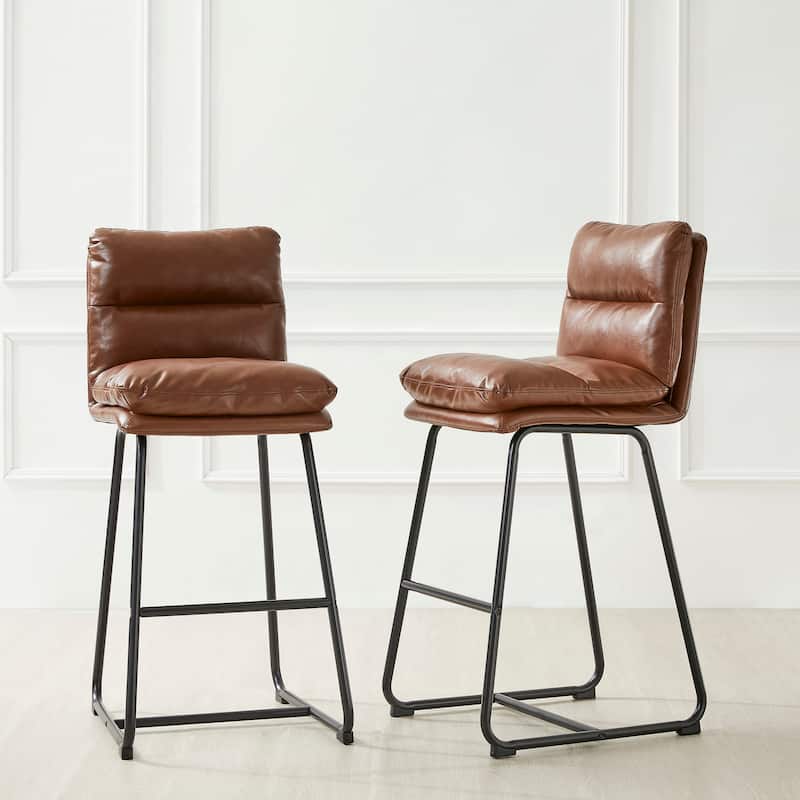 Glitzhome Set of 2 Modern Faux Leather Soft Springy Metal Legs Counter or Bar Stools - Set of 2 - Brown - Bar Height