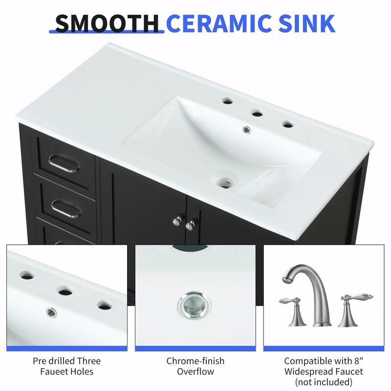 36" Bathroom Vanity - Sink Top, Two Doors, Two Drawers, and Open Shelf