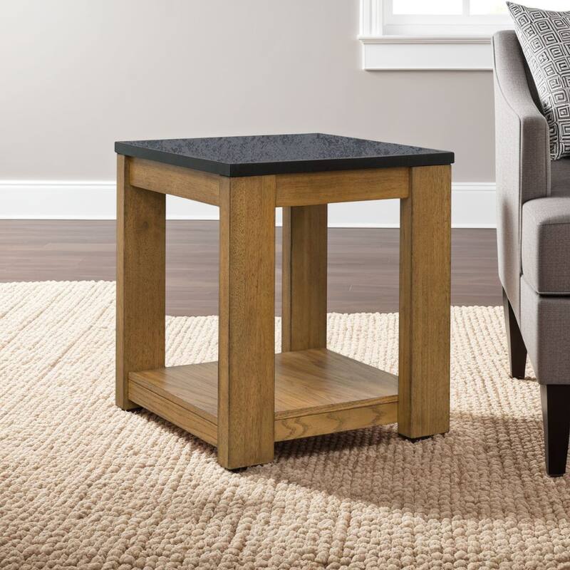 Enty Side End Table, Classic Faux Stone Top, 22 Inch Light Brown Wood