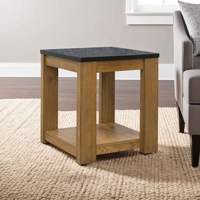 Enty Side End Table, Classic Faux Stone Top, 22 Inch Light Brown Wood