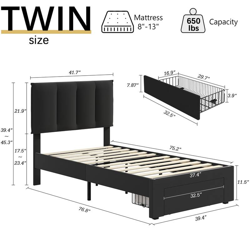 Black Bed Frame with 4 Storage Drawers, Upholstered Platform Bed Frame with Adjustable Headboard