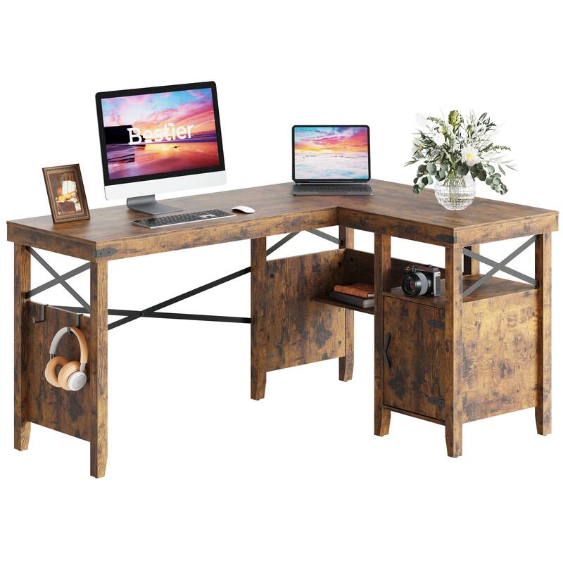 Bestier 60 in. Farmhouse L-Shaped Computer Desk with Storage Cabinet and Bookshelf