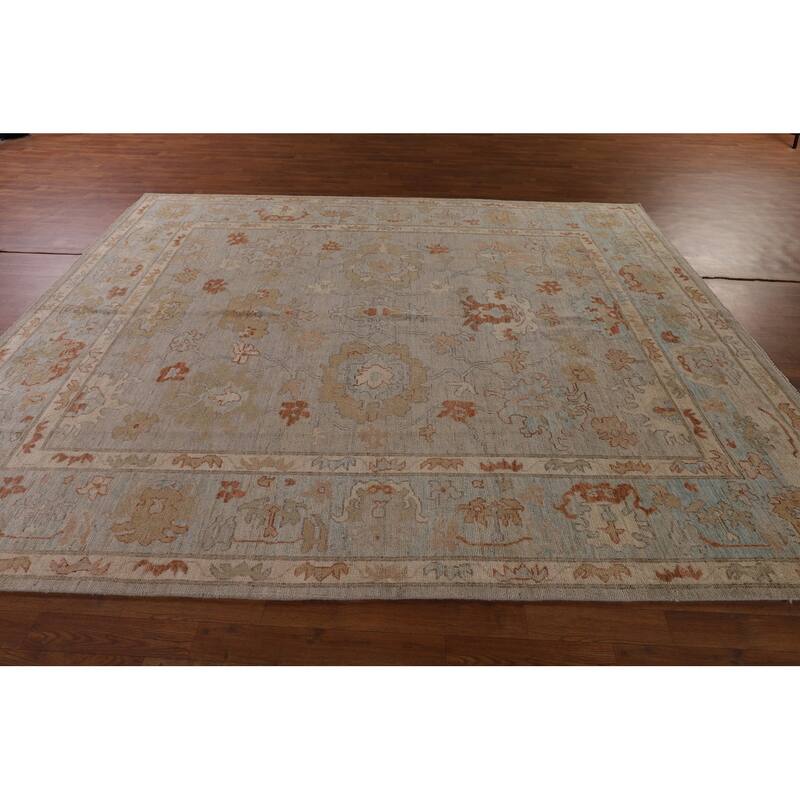 Vegetable Dye Oushak Area Rug Hand-Knotted Floral Beige Wool Carpet - 7'11" x 10'2"