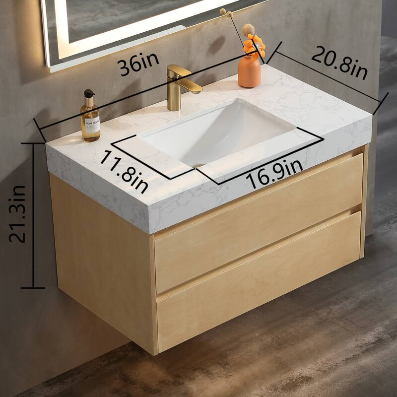 Modland 36" Wall-Mount Bathroom Vanity with LED Base Light & Engineered Stone Top - Soft-Close Drawers, Maple Yellow - 36 inch