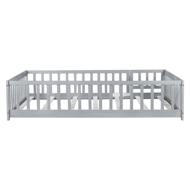 Wooden Floor Bed Frame with Slats Support, Twin Size Kids Floor Bed, Rubber Wood Twin Floor Bed Frame with Fence and Door