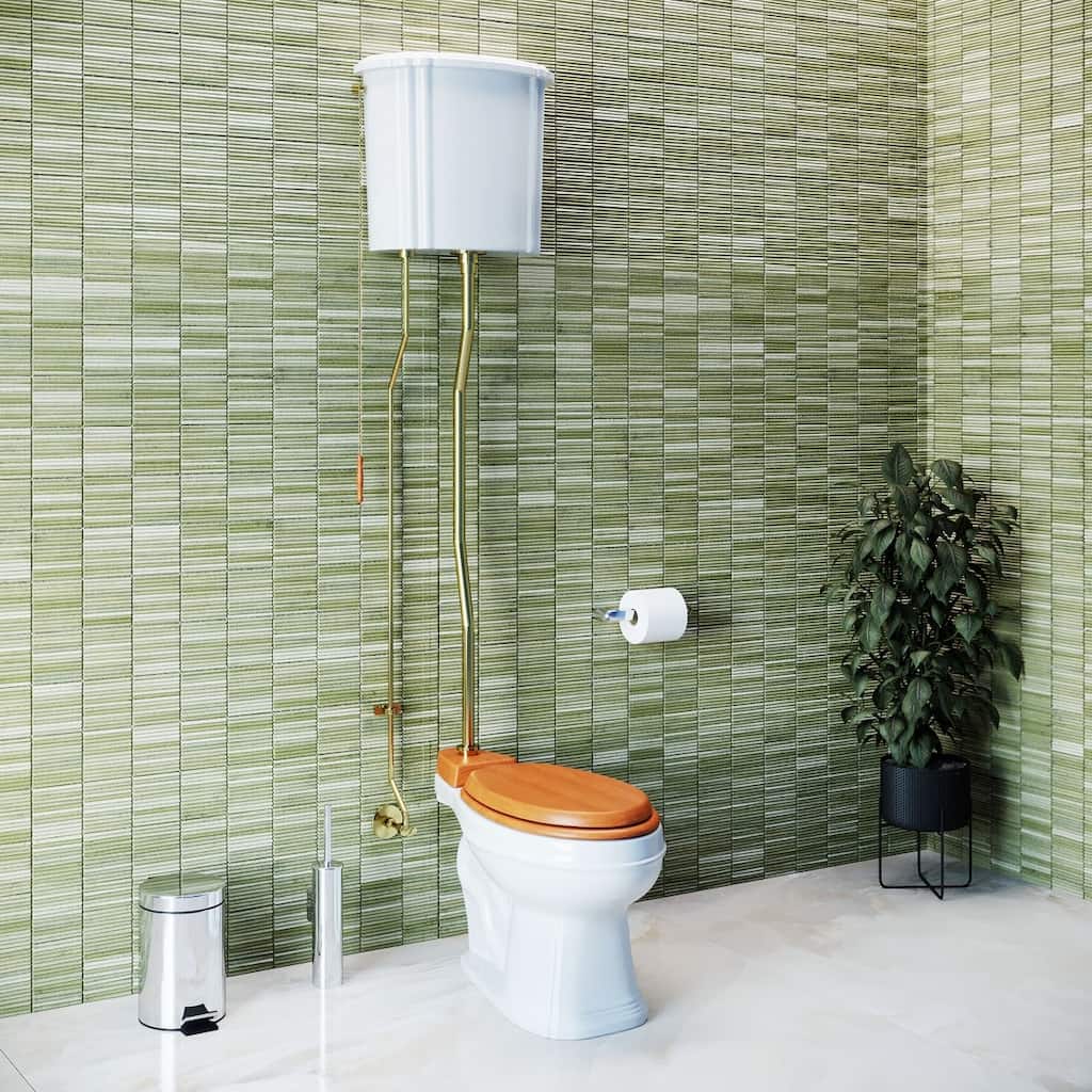High Tank Toilet Round Bowl and White Ceramic Tank, Brass PVD Z Pipe
