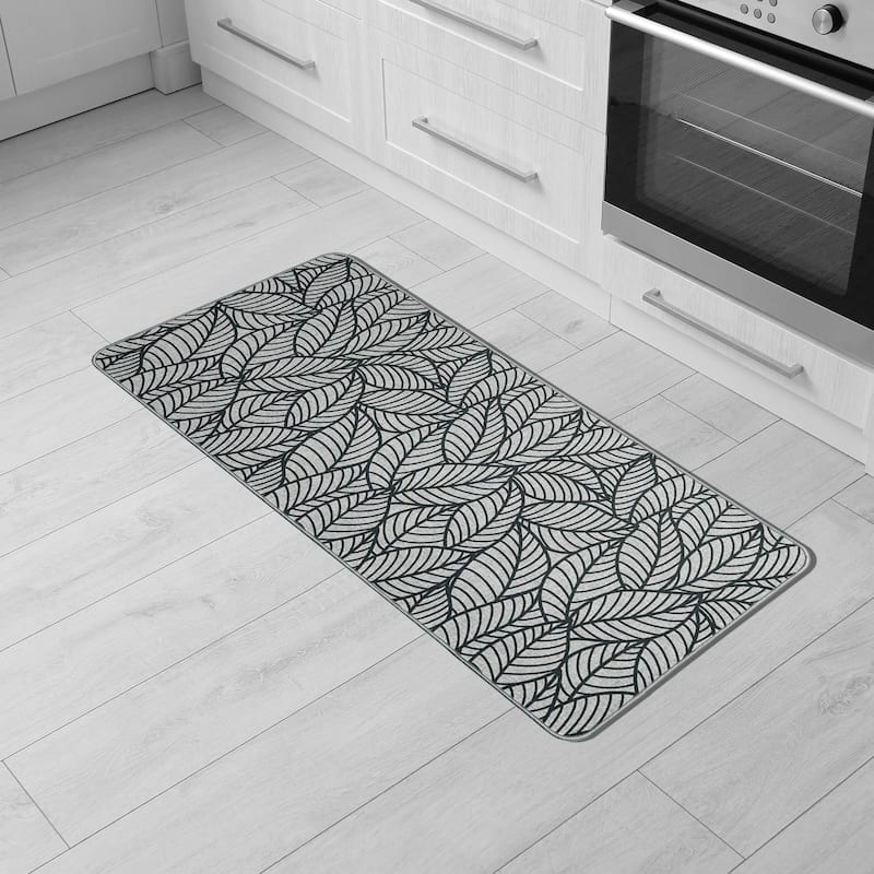 Jungle Printed Kitchen Mat Gray Leaves Design