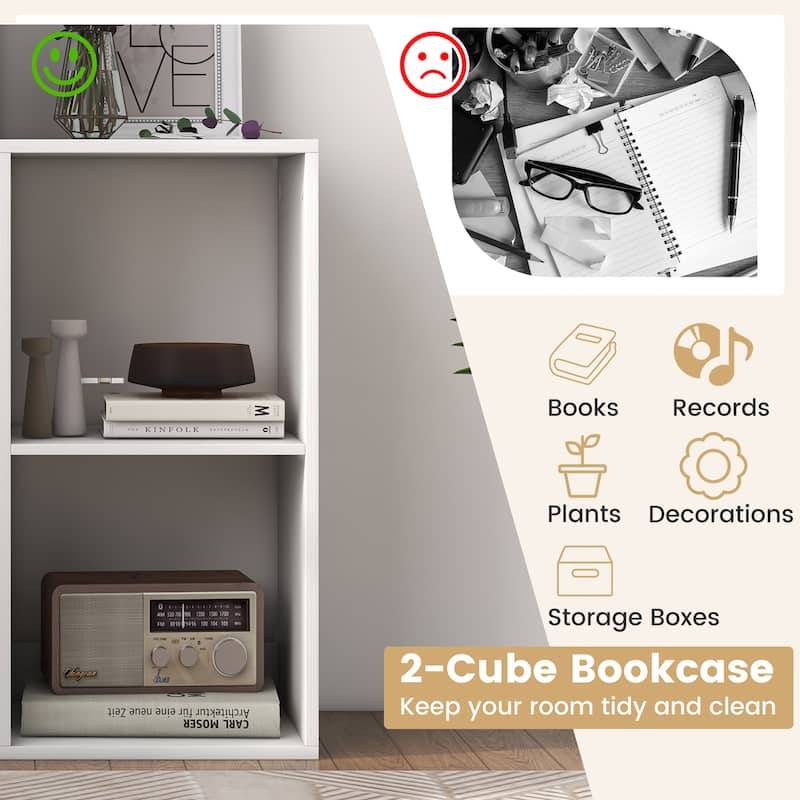 Gymax 2-Cube Bookshelf Modern Vertical Bookcase w/ Back Guardrail &