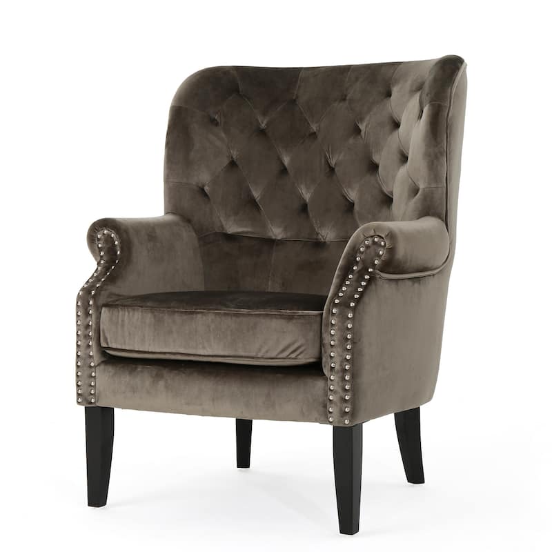 Modern 32" High Back Velvet Upholstered Button Tufted Club Chair with Birch Wood Legs and Nailheads
