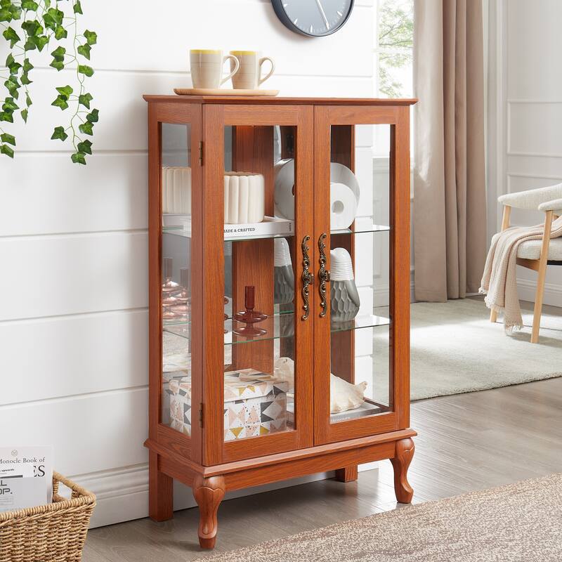 Lighted Display Cabinet with 2 Tempered Glass Doors and Adjustable Shelves