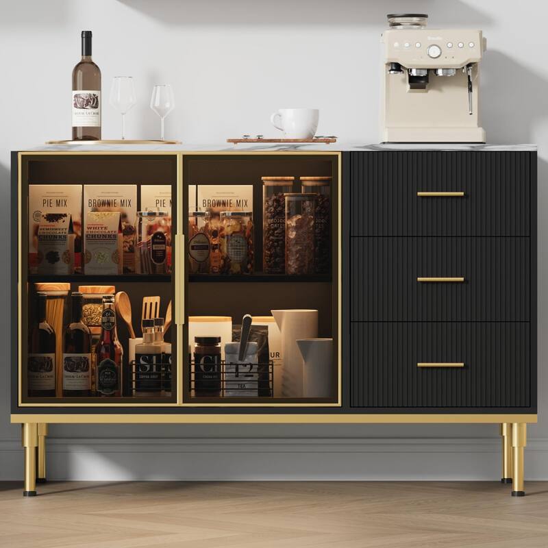 Sideboard Buffet Cabinet, 48" Kitchen Sideboard Cabinet with 3 Fluted Glass Doors Removable Shelves