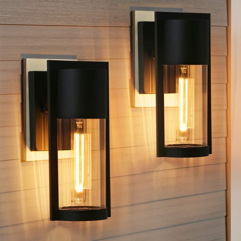 2-pack Aluminum Modern Black Outdoor Glass Sconce Farmhouse Cylinder LED Patio Wall Lantern