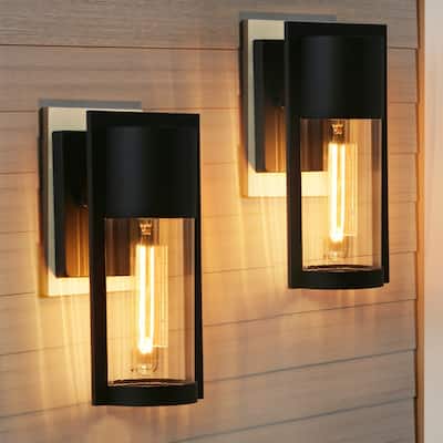 2-pack Modern Black Indoor/Outdoor Wall Sconce Cylinder Glass Shade Wall Lighting